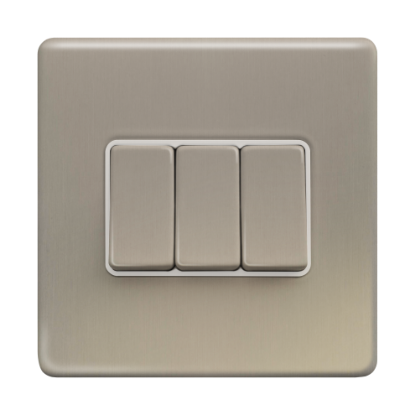 Picture of Terra 3 Gang 2 Way 10AX Single Pole Switch Brushed Chrome with White Insert 